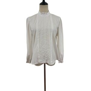 Vtg Alice Stuart White Victorian Tuxedo Blouse lace Bib Pintuck Sz 8 USA